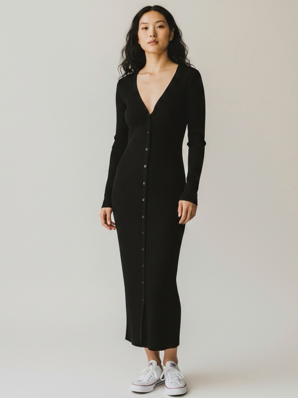 ♣️ Black Ribbed Button-Front Long Sleeve Dress